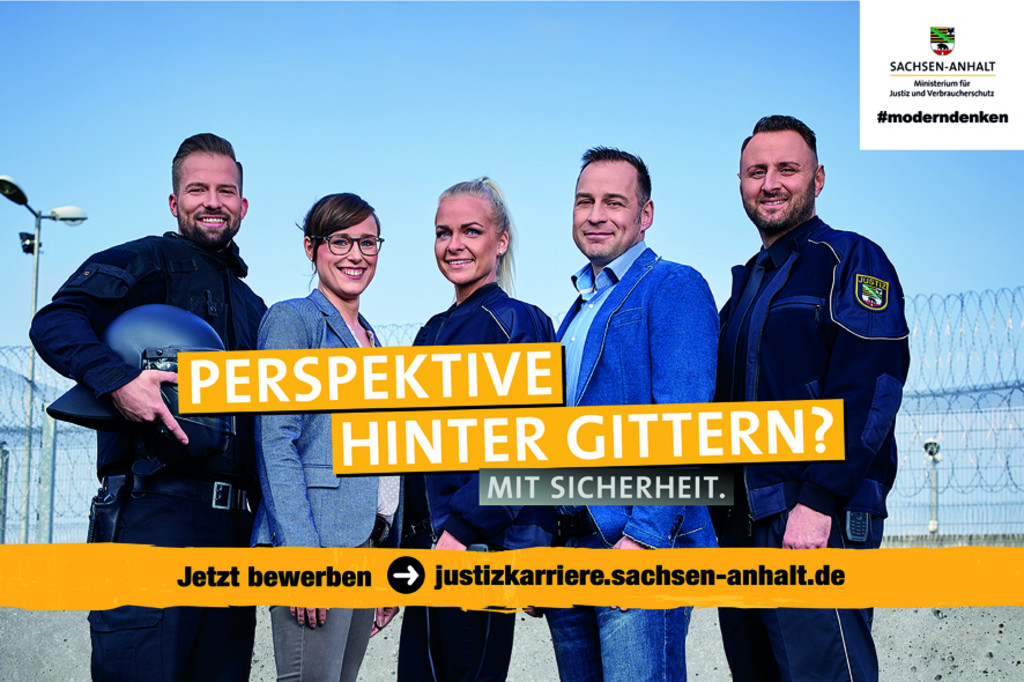 Kampagnenmotiv „Perspektive hinter Gittern? Mit Sicherheit.“ Foto der Kampagne "Perspektive hinter Gittern? Mit Sicherheit."